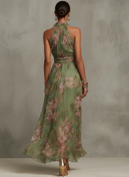Serena — Elegant Floral Chiffon Halter Maxi Dress with a Flowing Silhouette