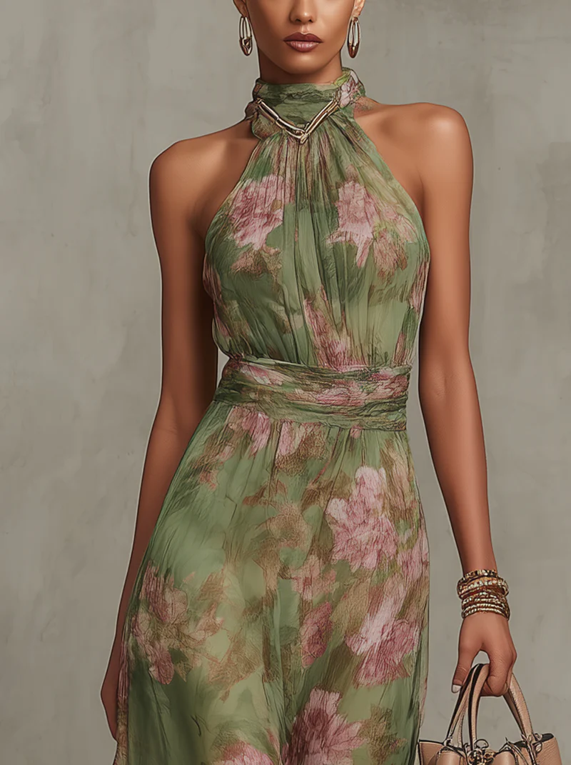 Serena — Elegant Floral Chiffon Halter Maxi Dress with a Flowing Silhouette