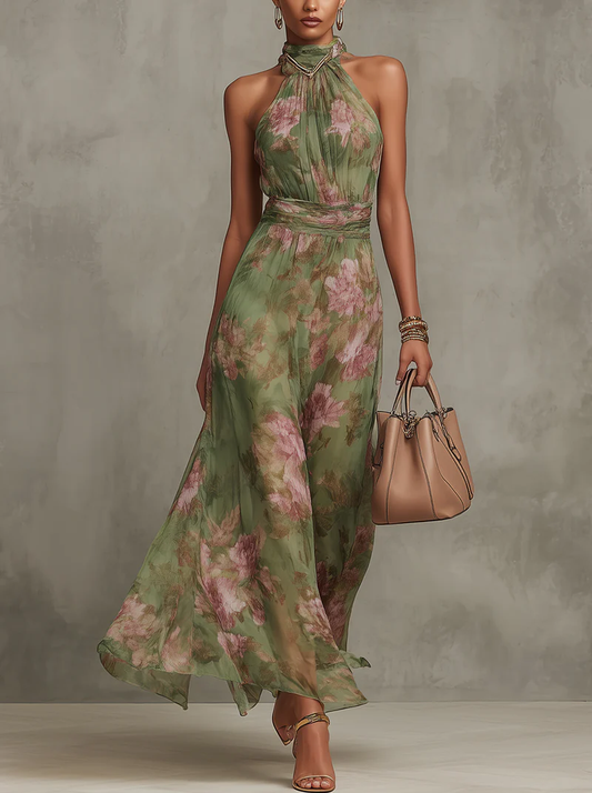 Serena — Elegant Floral Chiffon Halter Maxi Dress with a Flowing Silhouette