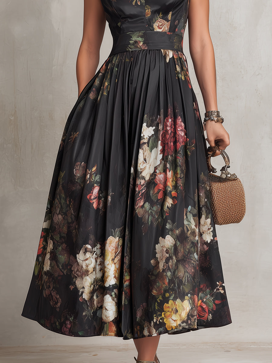 Violetta - Elegant Black Midi Dress in Pleated Satin with Floral Pattern and Keyhole Neckline