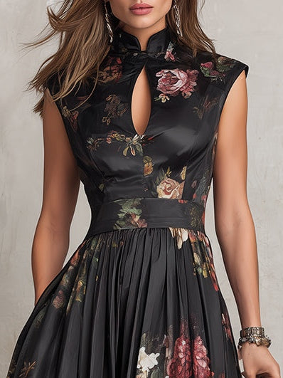 Violetta - Elegant Black Midi Dress in Pleated Satin with Floral Pattern and Keyhole Neckline