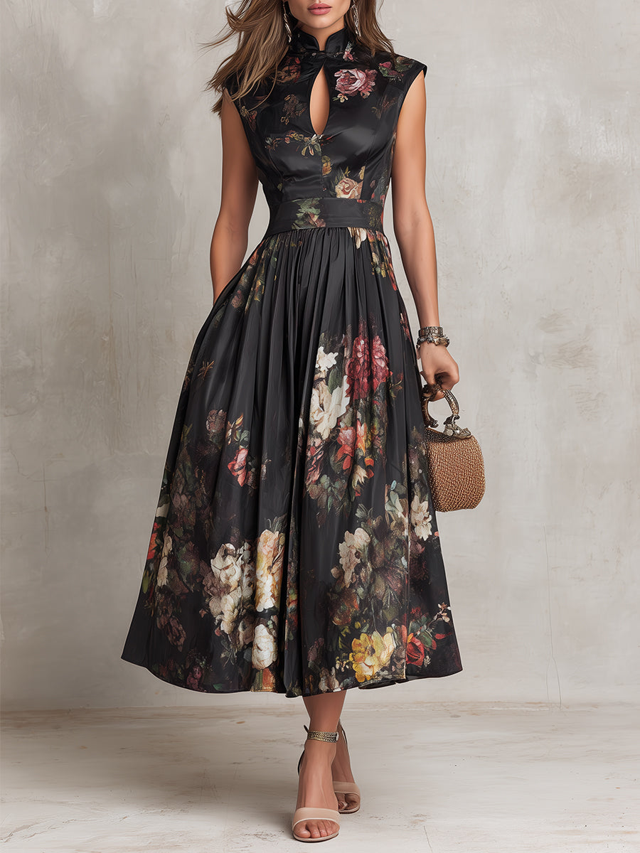 Violetta - Elegant Black Midi Dress in Pleated Satin with Floral Pattern and Keyhole Neckline