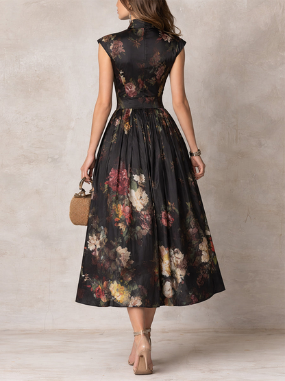 Violetta - Elegant Black Midi Dress in Pleated Satin with Floral Pattern and Keyhole Neckline