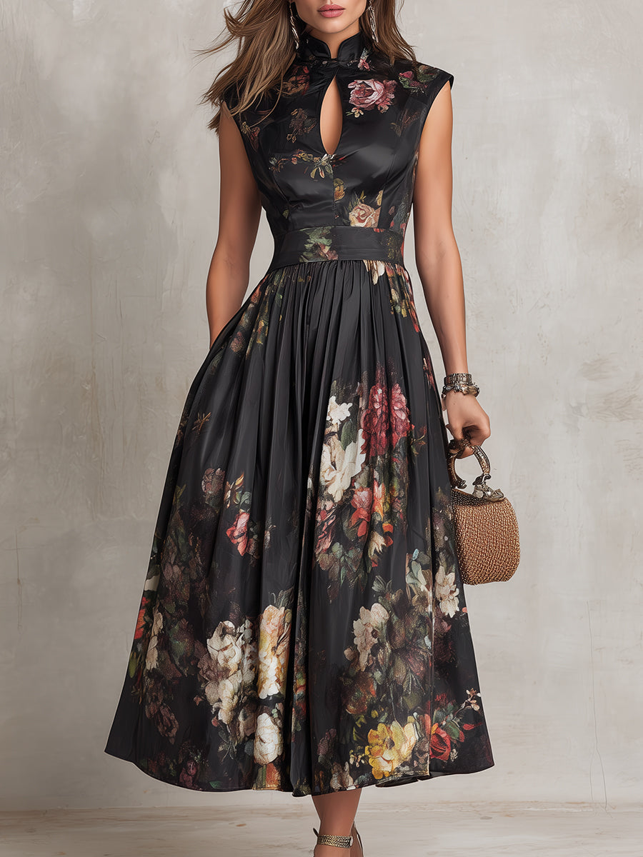 Violetta - Elegant Black Midi Dress in Pleated Satin with Floral Pattern and Keyhole Neckline