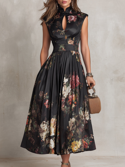 Violetta - Elegant Black Midi Dress in Pleated Satin with Floral Pattern and Keyhole Neckline
