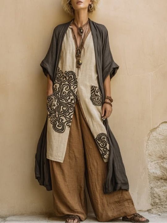 Giulia: Three-Piece Bohemian Nomad Set in Dark Gray and Brown with Tribal Pattern