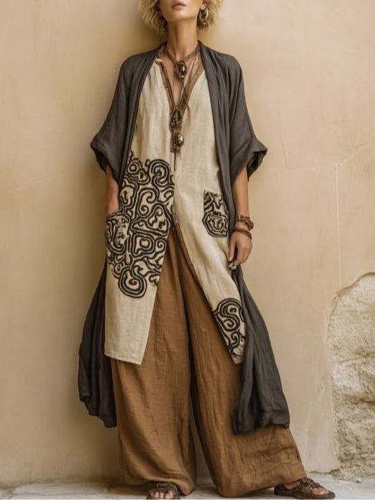 Giulia: Three-Piece Bohemian Nomad Set in Dark Gray and Brown with Tribal Pattern