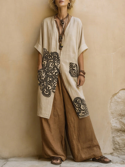 Giulia: Three-Piece Bohemian Nomad Set in Dark Gray and Brown with Tribal Pattern