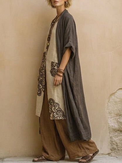 Giulia: Three-Piece Bohemian Nomad Set in Dark Gray and Brown with Tribal Pattern