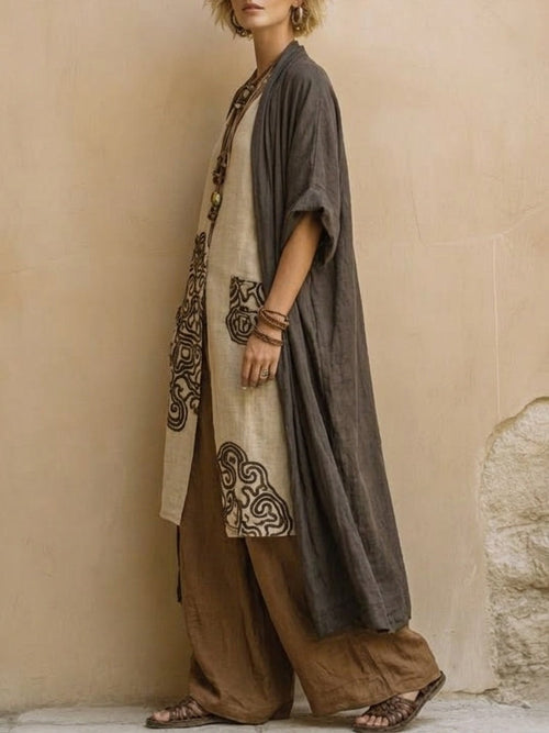 Giulia: Three-Piece Bohemian Nomad Set in Dark Gray and Brown with Tribal Pattern