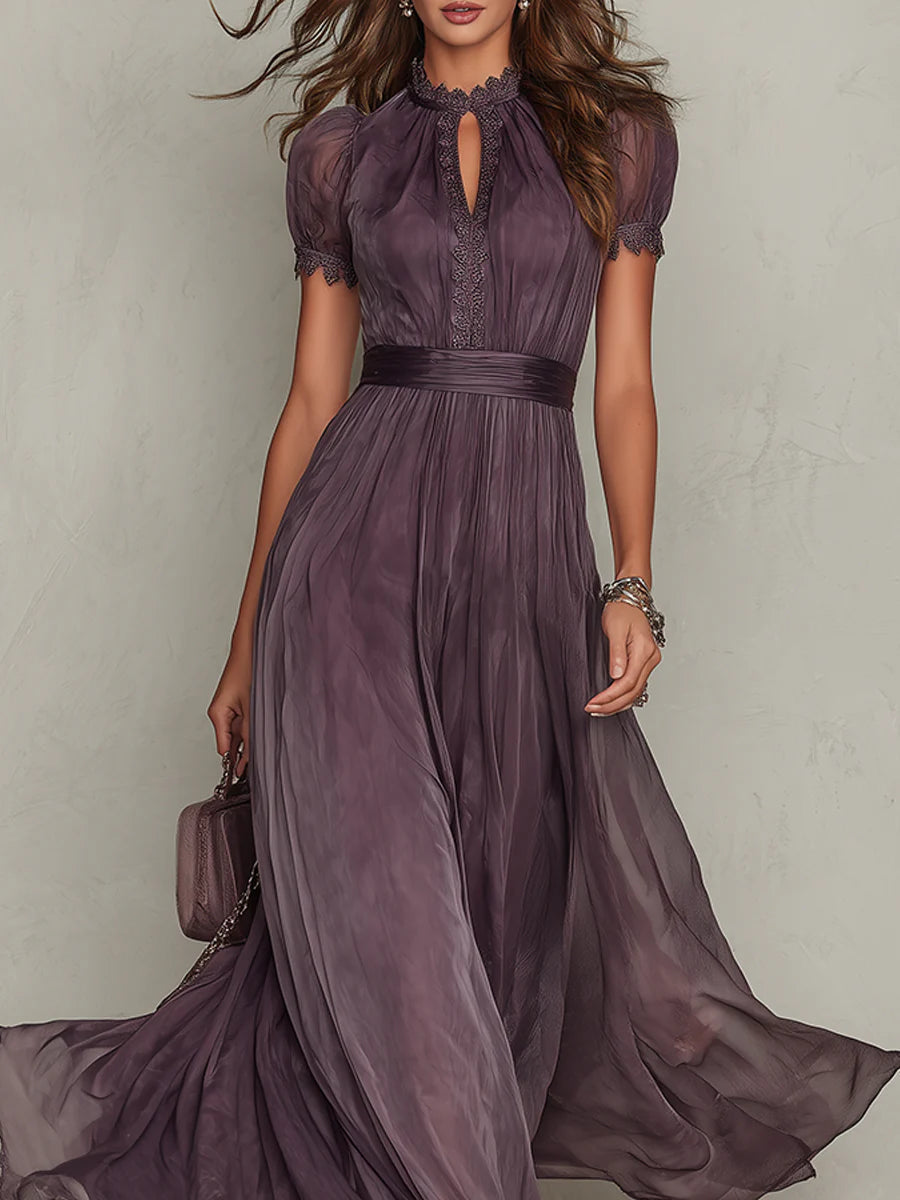 Purple Keyhole-Neck Chiffon Maxi Dress with Elegant Lace Trim