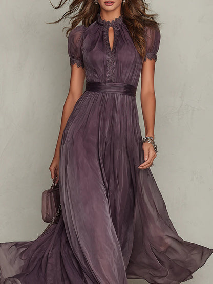 Purple Keyhole-Neck Chiffon Maxi Dress with Elegant Lace Trim