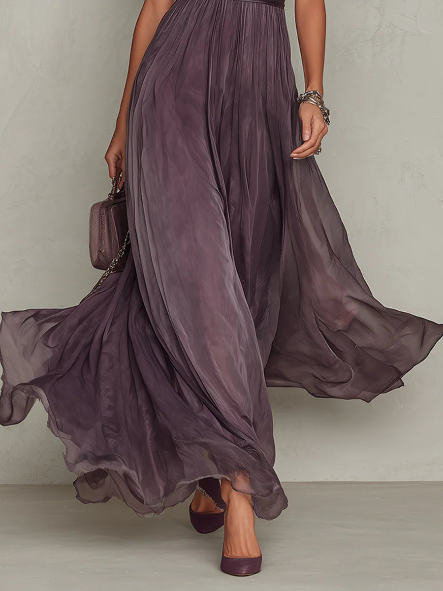 Purple Keyhole-Neck Chiffon Maxi Dress with Elegant Lace Trim