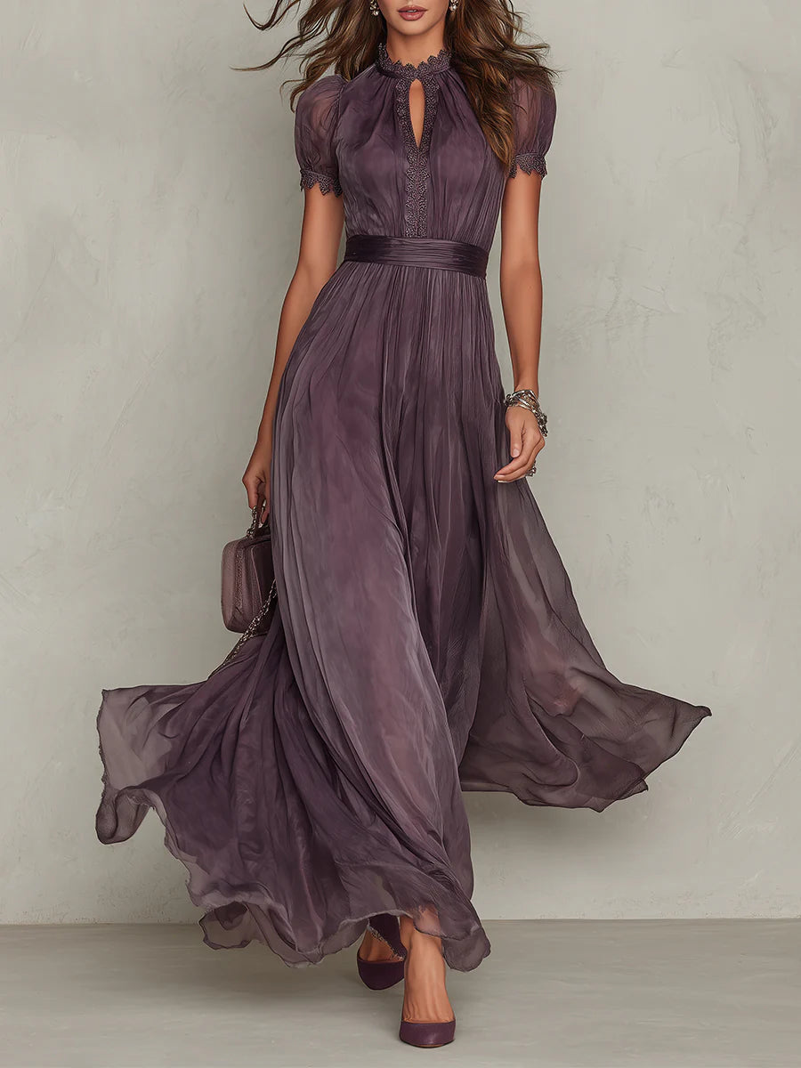 Purple Keyhole-Neck Chiffon Maxi Dress with Elegant Lace Trim