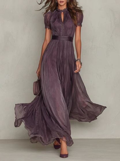 Purple Keyhole-Neck Chiffon Maxi Dress with Elegant Lace Trim