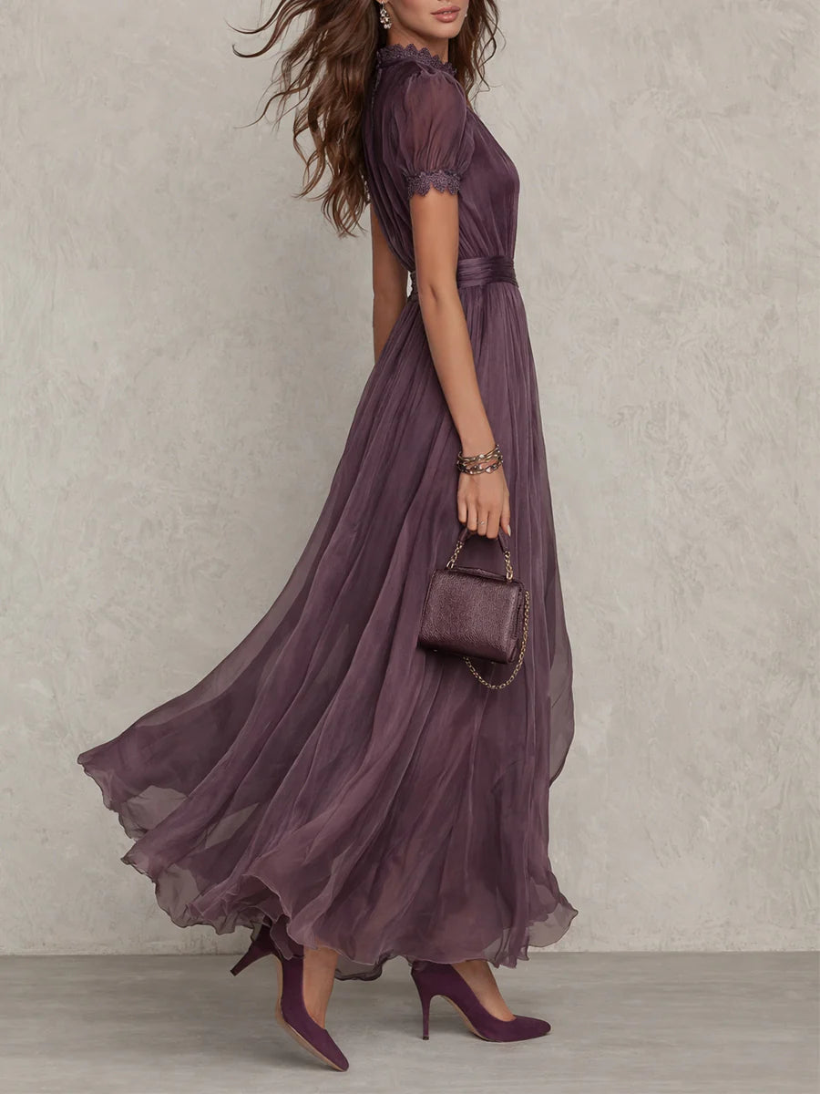 Purple Keyhole-Neck Chiffon Maxi Dress with Elegant Lace Trim