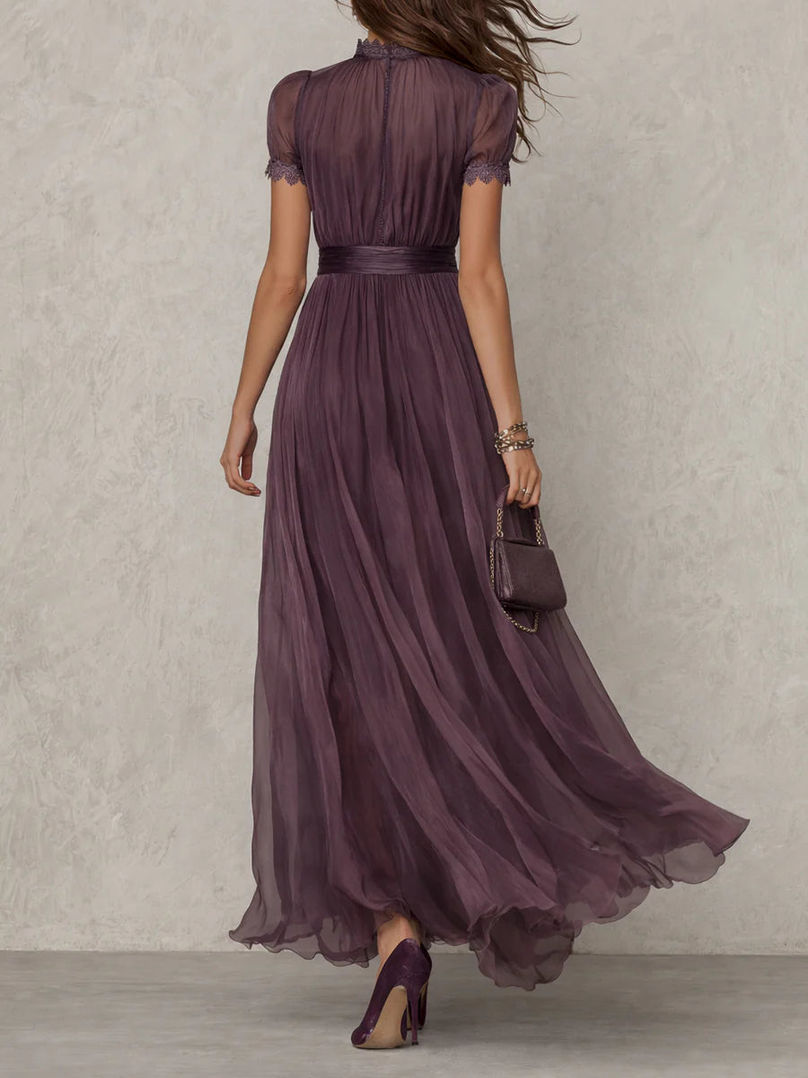 Purple Keyhole-Neck Chiffon Maxi Dress with Elegant Lace Trim