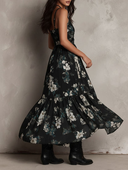 Black Bohemian Floral Print Asymmetrical Strapless Maxi Dress