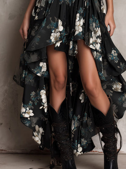 Black Bohemian Floral Print Asymmetrical Strapless Maxi Dress