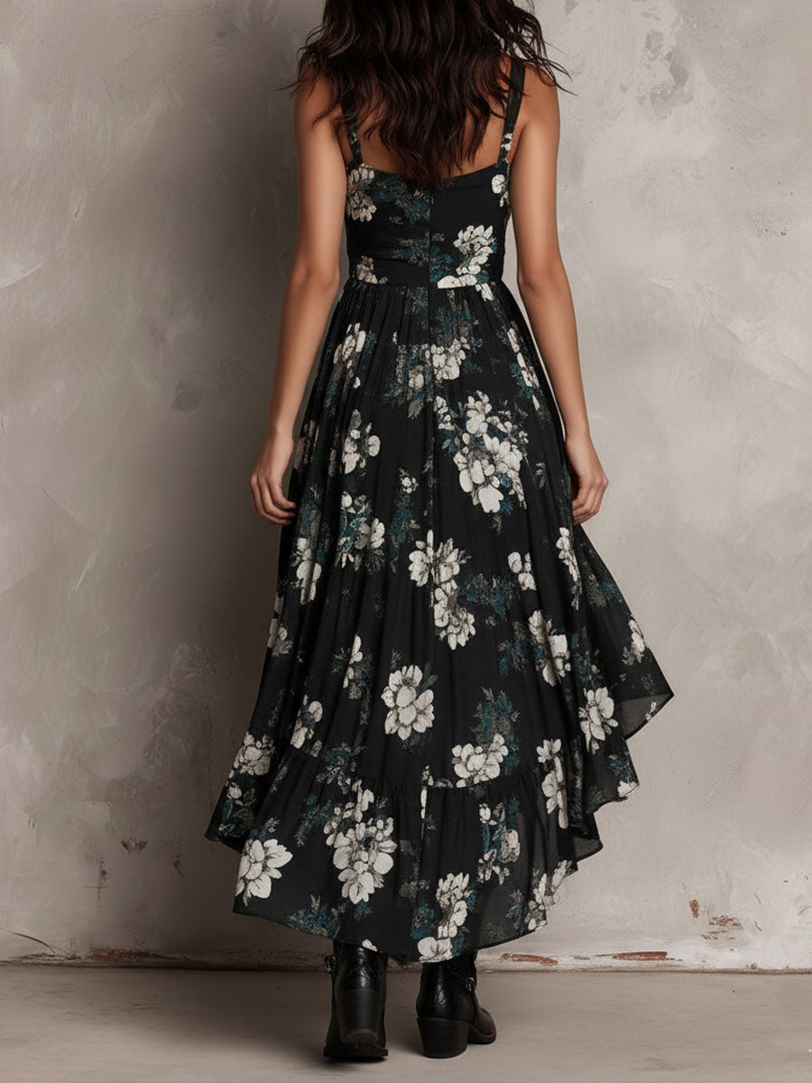 Black Bohemian Floral Print Asymmetrical Strapless Maxi Dress