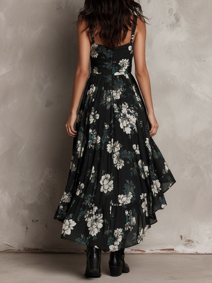Black Bohemian Floral Print Asymmetrical Strapless Maxi Dress