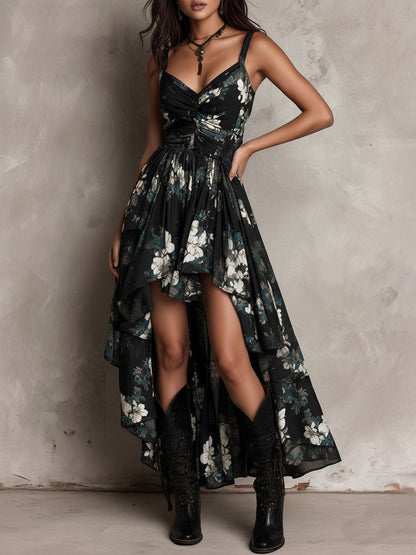 Black Bohemian Floral Print Asymmetrical Strapless Maxi Dress