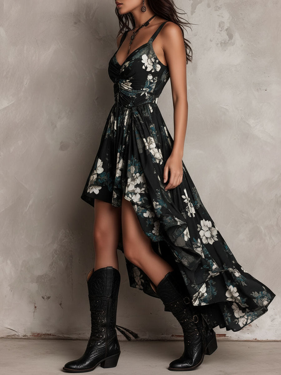 Black Bohemian Floral Print Asymmetrical Strapless Maxi Dress