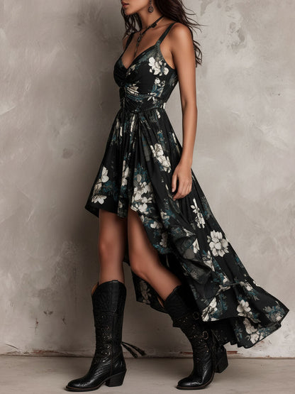 Black Bohemian Floral Print Asymmetrical Strapless Maxi Dress