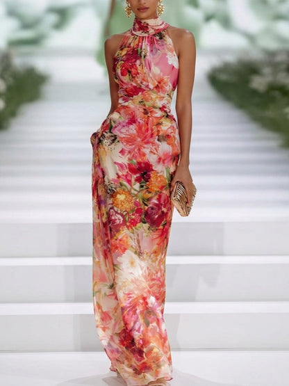 Elegant Red Chiffon Floral Halter-Neck Sleeveless Maxi Dress