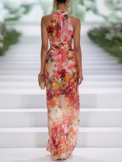 Elegant Red Chiffon Floral Halter-Neck Sleeveless Maxi Dress