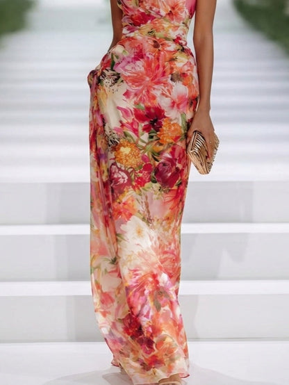 Elegant Red Chiffon Floral Halter-Neck Sleeveless Maxi Dress