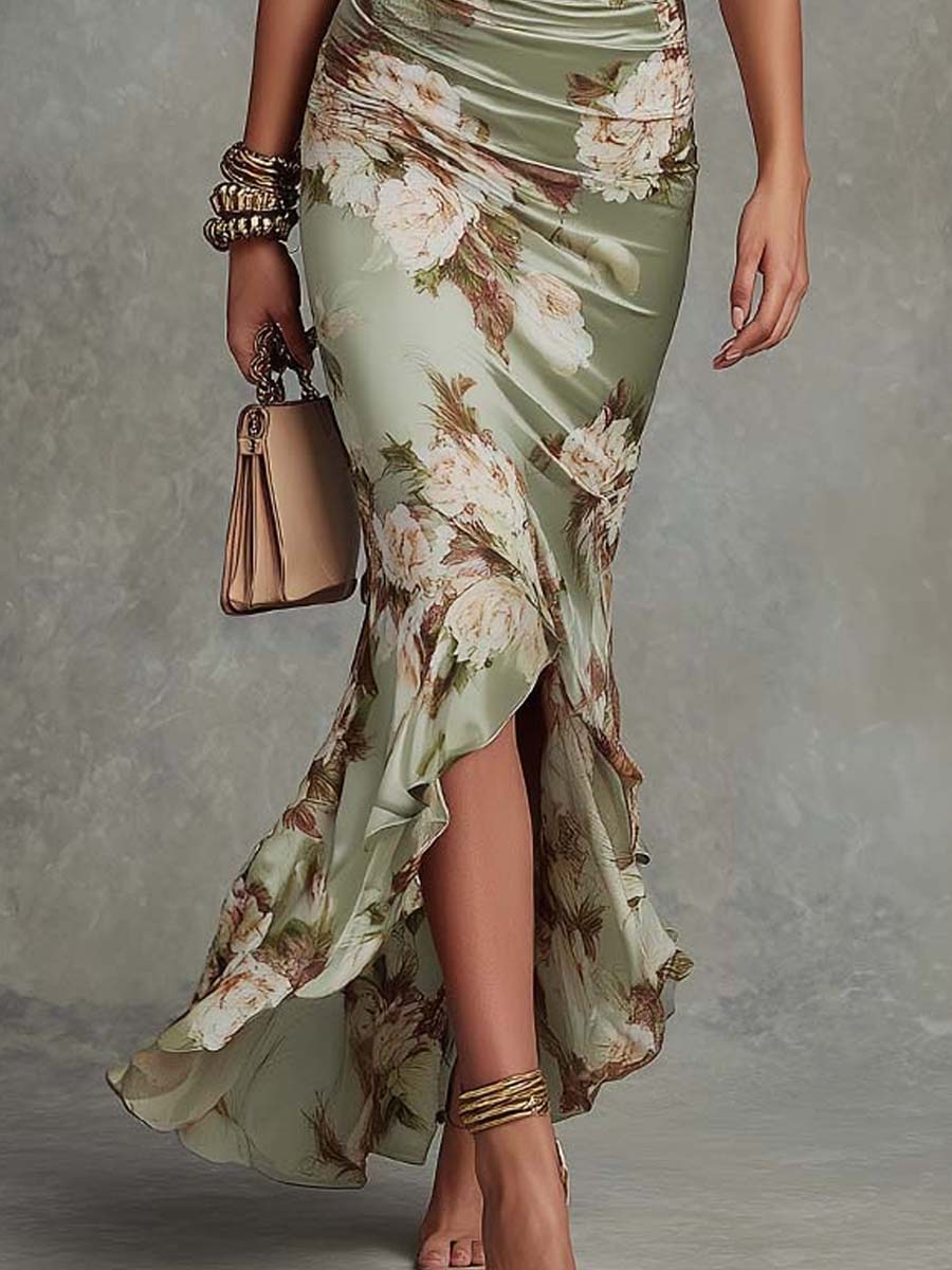 Anna - Glamorous asymmetrical emerald satin gown featuring a V-neck, flared puff sleeves, and a delicate floral pattern