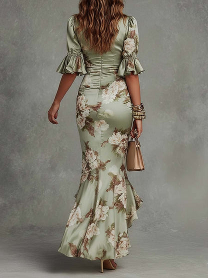 Anna - Glamorous asymmetrical emerald satin gown featuring a V-neck, flared puff sleeves, and a delicate floral pattern