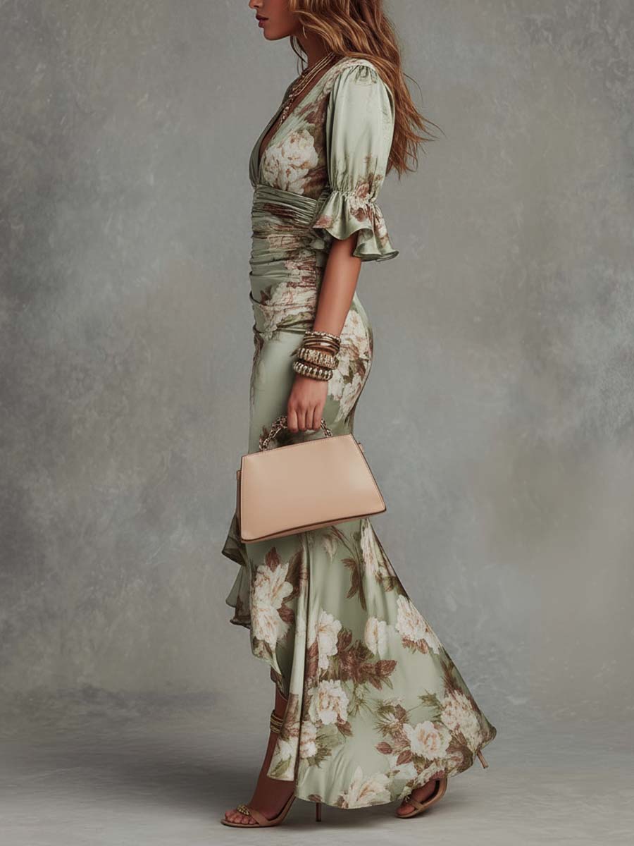 Anna - Glamorous asymmetrical emerald satin gown featuring a V-neck, flared puff sleeves, and a delicate floral pattern