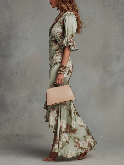 Anna - Glamorous asymmetrical emerald satin gown featuring a V-neck, flared puff sleeves, and a delicate floral pattern