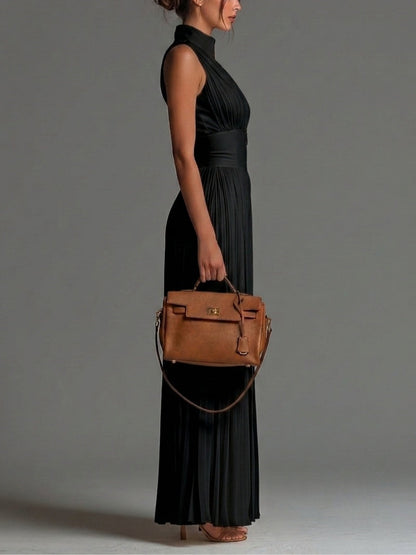 Elegant Black V-Neck Sleeveless Zip-Up Pleated Wide-Leg Chiffon Jumpsuit