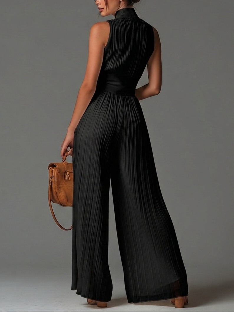 Elegant Black V-Neck Sleeveless Zip-Up Pleated Wide-Leg Chiffon Jumpsuit