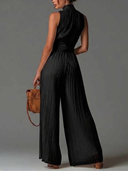 Elegant Black V-Neck Sleeveless Zip-Up Pleated Wide-Leg Chiffon Jumpsuit