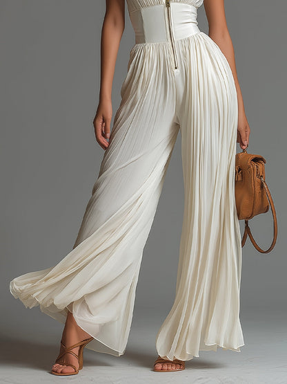 Elegant White V-Neck Sleeveless Pleated Wide-Leg Chiffon Jumpsuit with Zip Closure