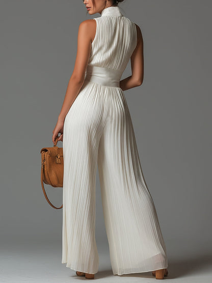 Elegant White V-Neck Sleeveless Pleated Wide-Leg Chiffon Jumpsuit with Zip Closure