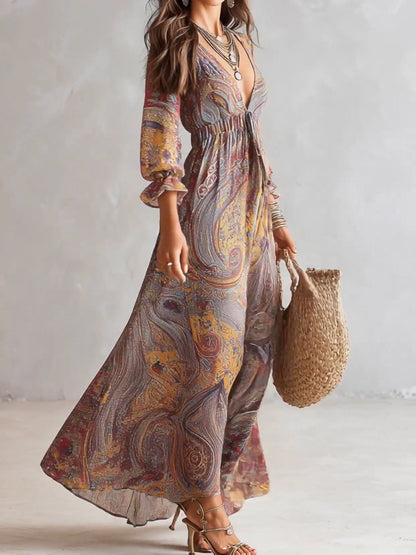 Paisley Print V-Neck Chiffon Maxi Dress with Elegant Gathered Detail