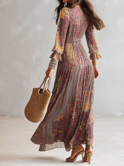 Paisley Print V-Neck Chiffon Maxi Dress with Elegant Gathered Detail