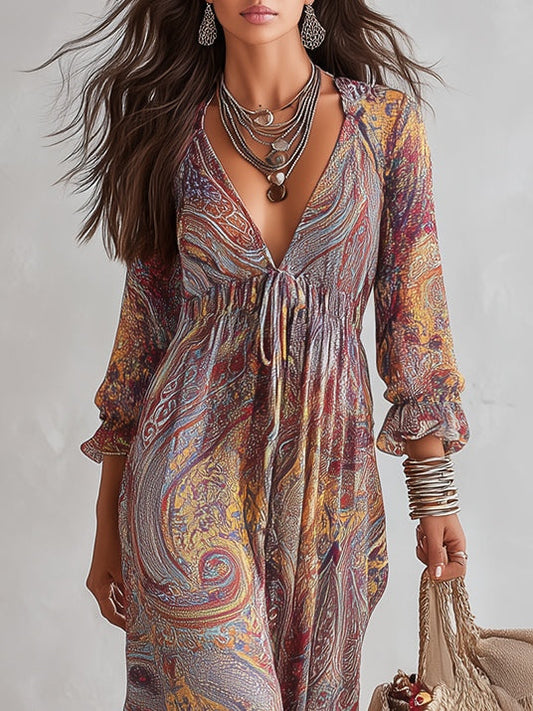 Paisley Print V-Neck Chiffon Maxi Dress with Elegant Gathered Detail