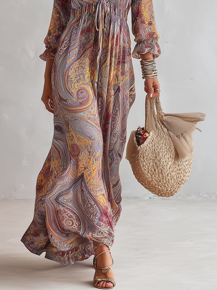 Paisley Print V-Neck Chiffon Maxi Dress with Elegant Gathered Detail