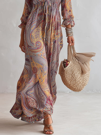 Paisley Print V-Neck Chiffon Maxi Dress with Elegant Gathered Detail