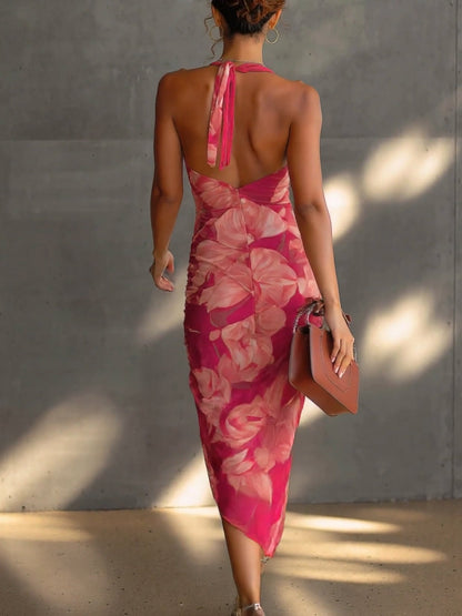 Fuchsia Floral Print Sleeveless Ruched Side-Slit Bodycon Dress