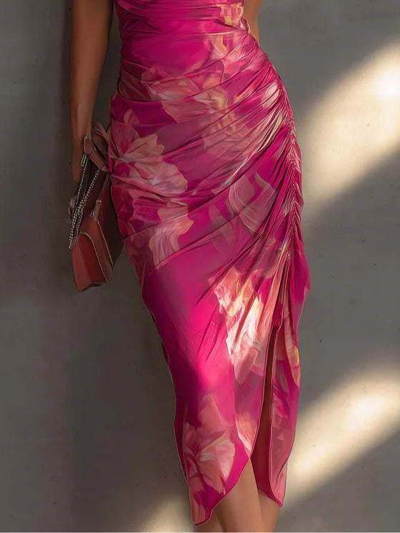 Fuchsia Floral Print Sleeveless Ruched Side-Slit Bodycon Dress