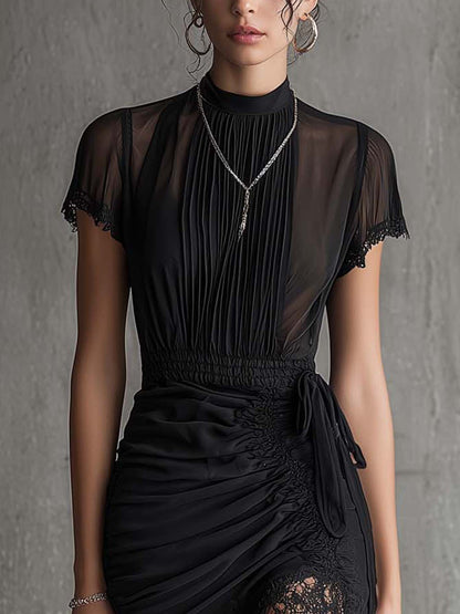 Black Chiffon Pleated Mini Dress with Lace-Trimmed Waist