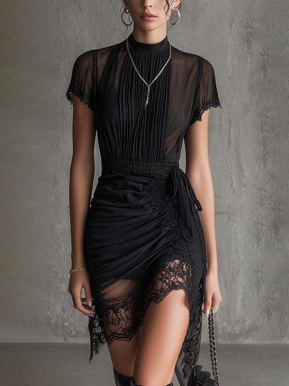 Black Chiffon Pleated Mini Dress with Lace-Trimmed Waist