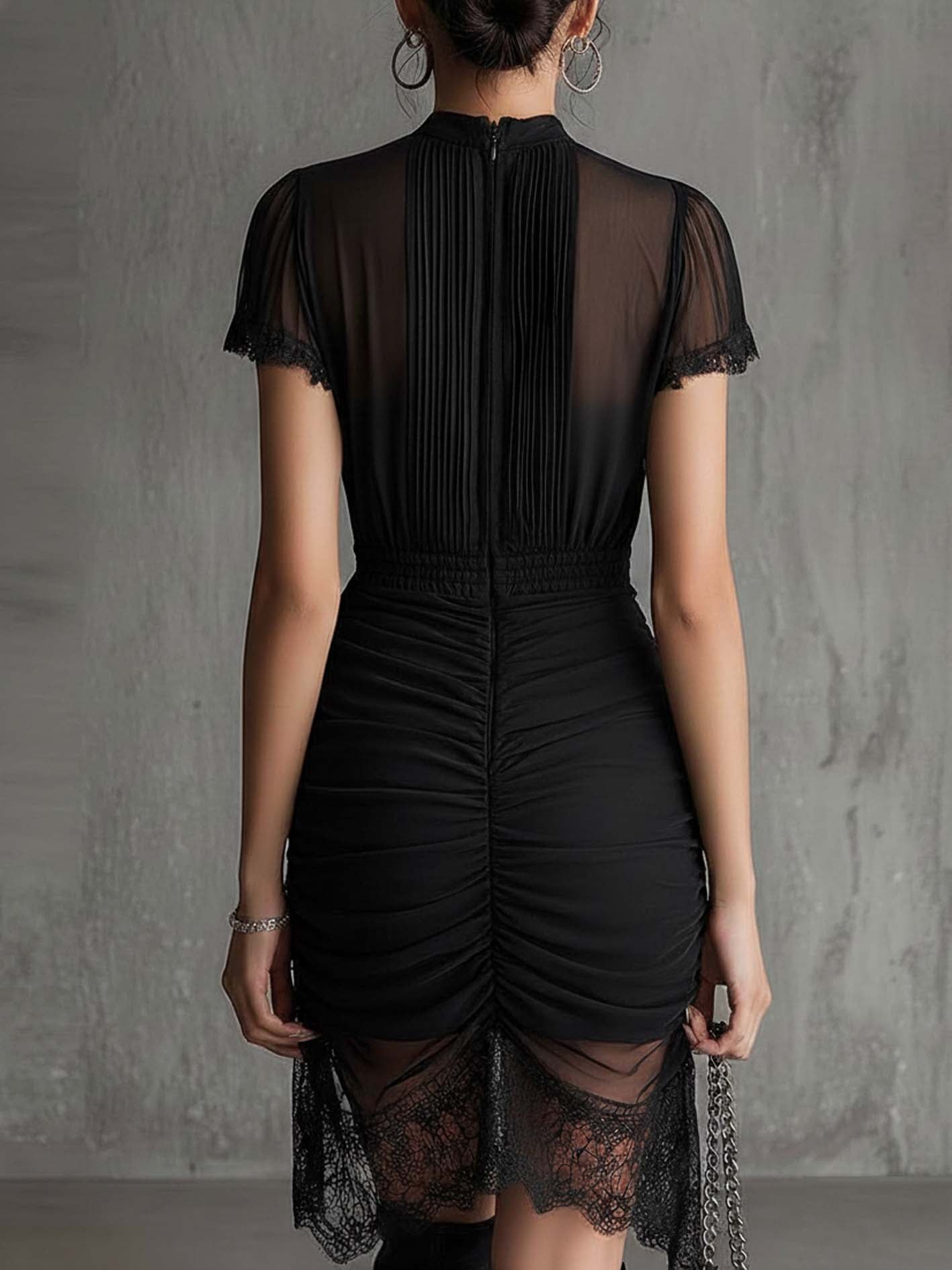 Black Chiffon Pleated Mini Dress with Lace-Trimmed Waist